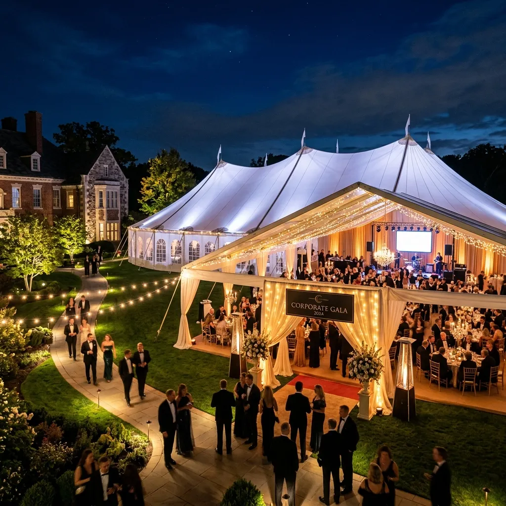 Montaje de carpa impermeable gigante para evento corporativo de noche
