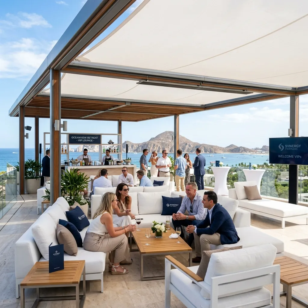 Lounge VIP con mobiliario premium en exteriores bajo toldo